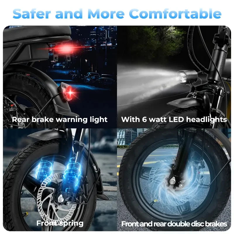 Adult/adolescent folding E-Bike, 14 inch 500W 24MPH 48V 10Ah battery, 3-level pedal assist, foldable