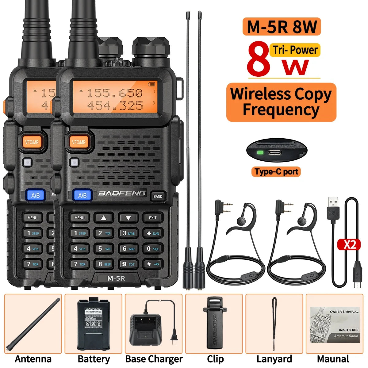 2PCS M-5R 8W Walkie Talkie Multi Band Type-C Wireless Copy Frequency AM Long Range UV-5R Two Way Ham