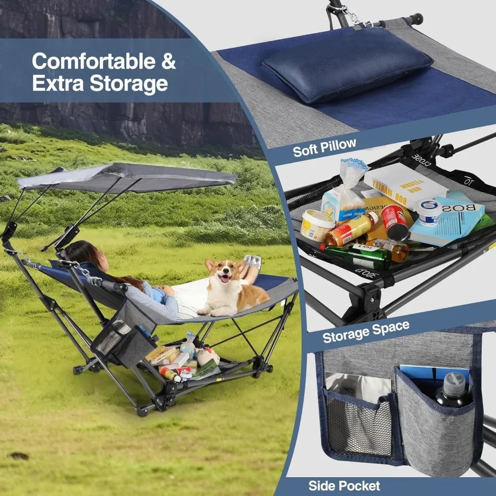 Folding Hammock, Removable Canopy,Pillow, Freestanding, Collapsible Stand for Outdoor Yard Beach