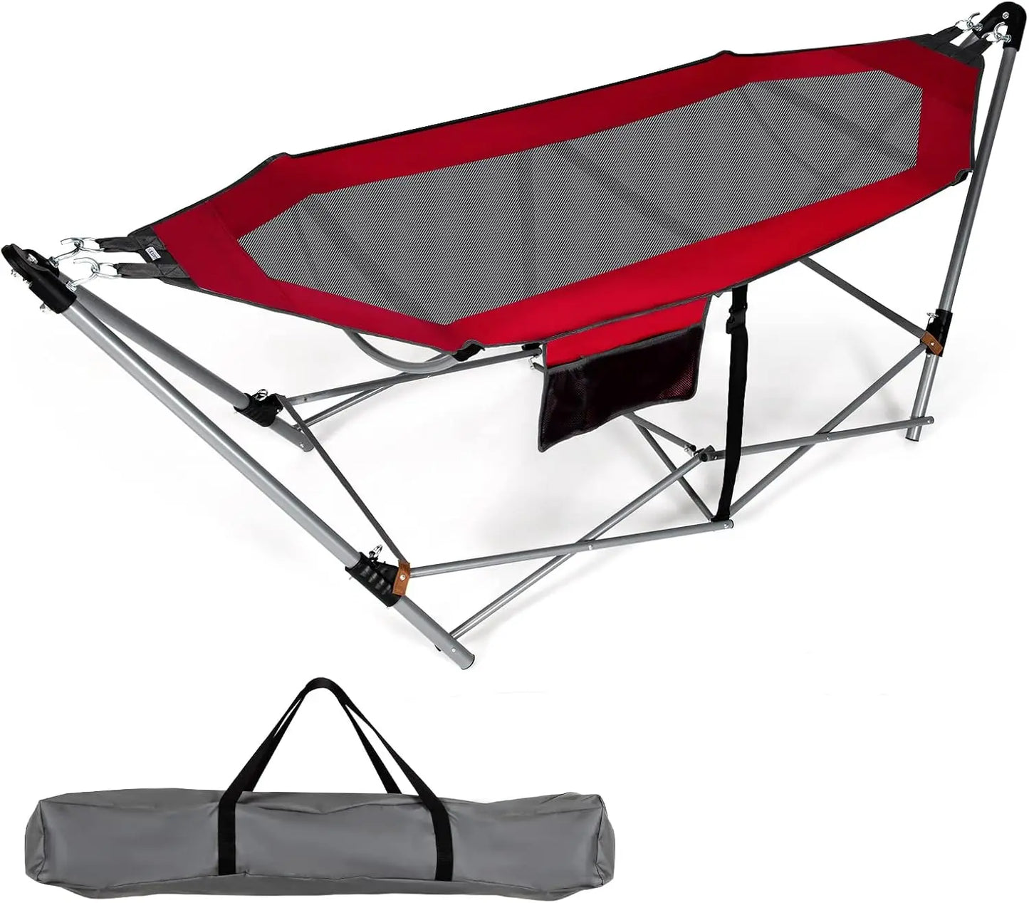 Portable Folding Lounge Camping Hammock w/Stand, Indoor & Outdoor w/Side Pocket, Anti-tip Buckles