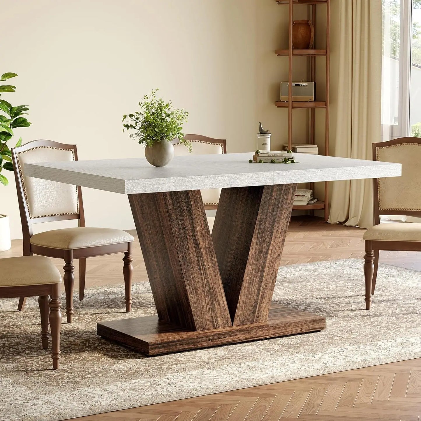 47 Inche Modern Dining Table for 4, chairs, White Rectangle Table, Dining Room, Kitchen, Living Room