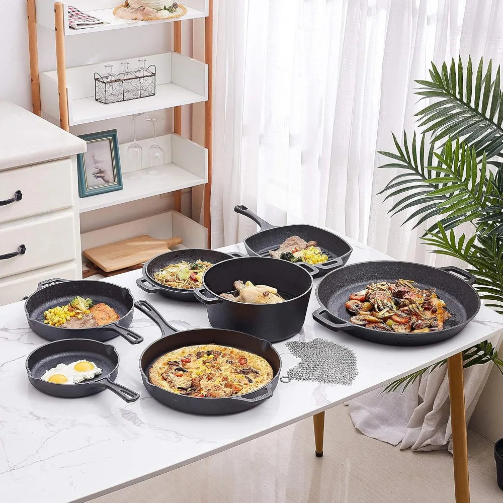 8 piece cast iron camping cookware - durable POTS covers, cooking -home or camping