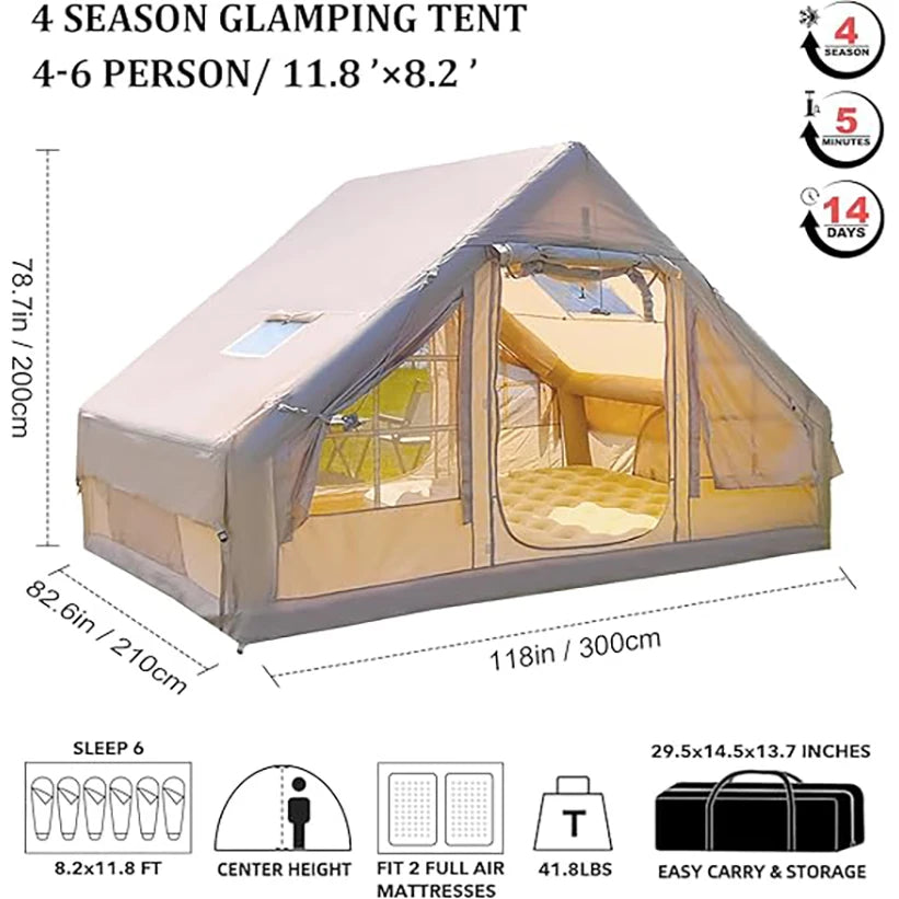 9.8' x 7' Inflatable Camping Tent,4 Season Blow up 4-6 Person Inflatable Tent with Jack Stove