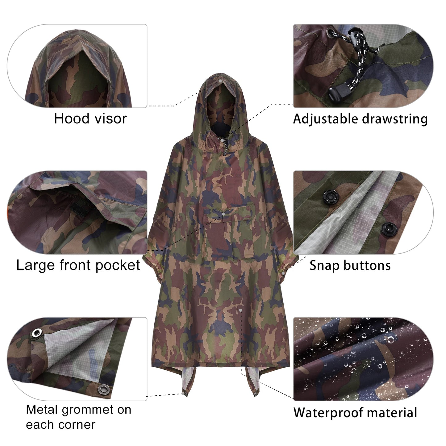 Hooded Rain Poncho, Pocket Lightweight Waterproof,Sun Shelter,Men and Women Camping Hiking