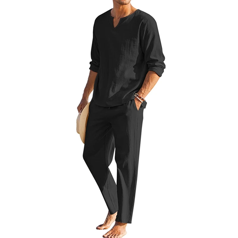 Cotton Linen Solid Color Long Sleeve Henley Shirt Elastic Waist Drawstring 2 Pieces Loungewear Set