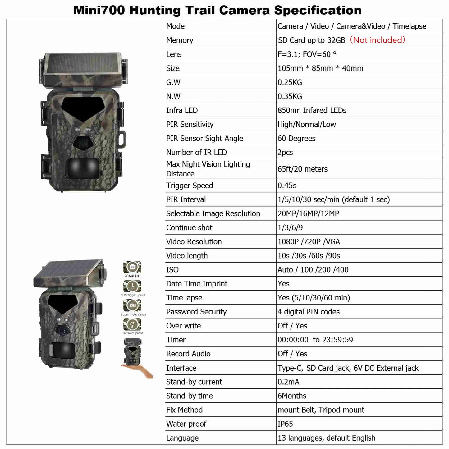 Hunting Game Camera 20MP/1080P 0.3s Trigger Speed Night Vision Motion Activated Trail Camera