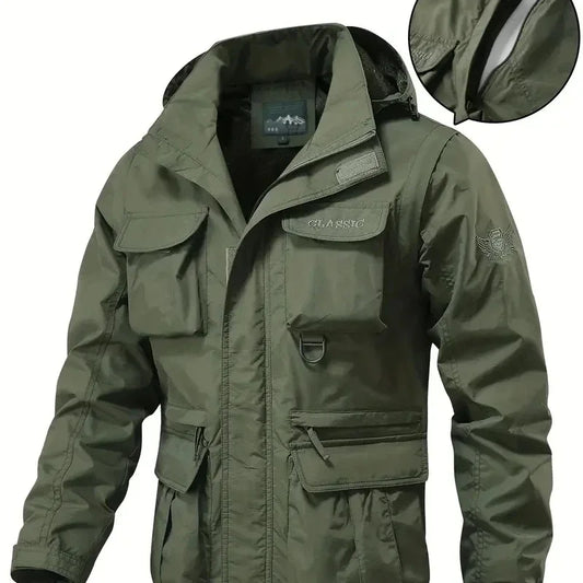Men's Casual Waterproof Multi Bag Cargo Jacket Outdoor Detachable Windproof Hooded Jacket  Jacket