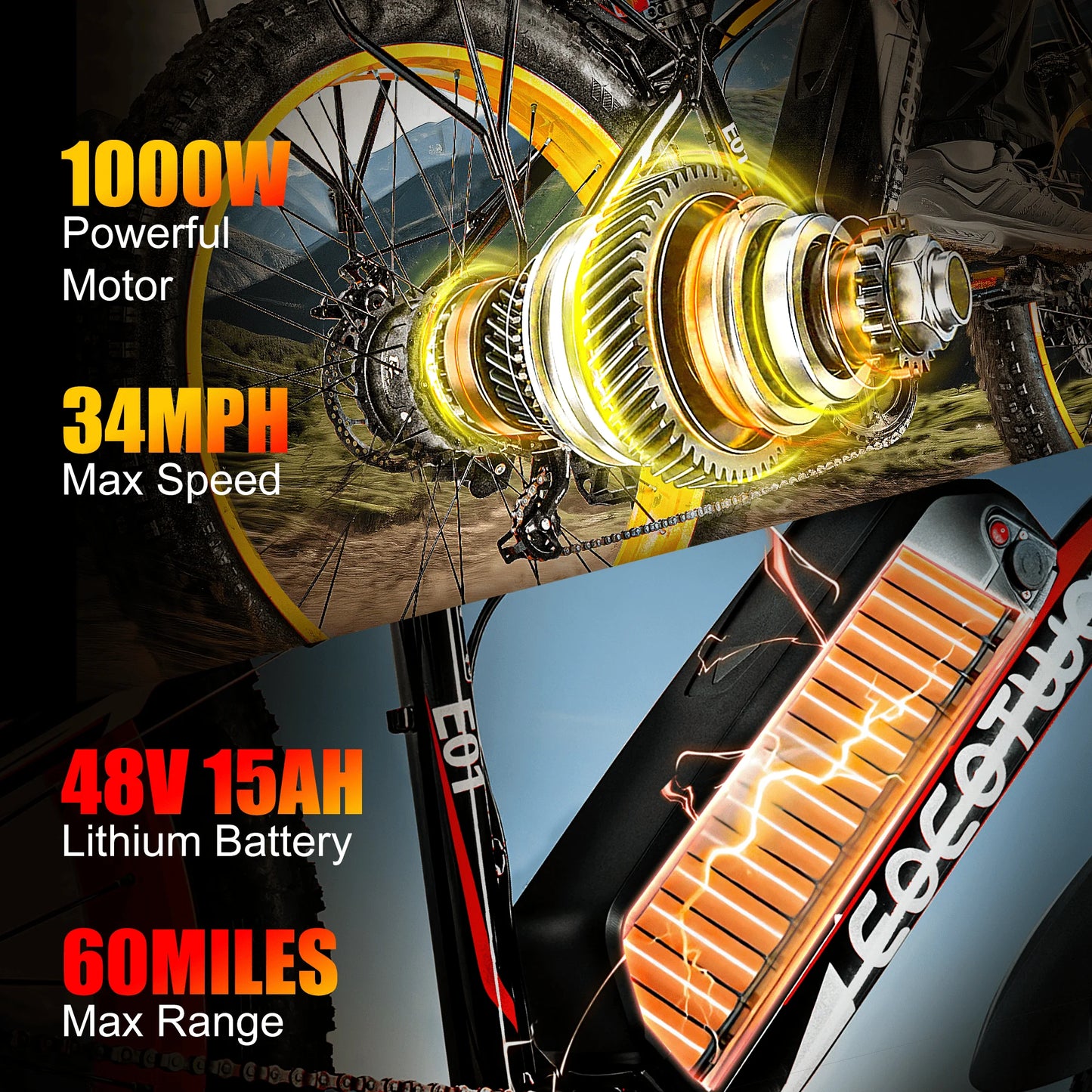 Elec.Bike Adults 1500W Peak Motor 34Mph Electric Bicycle 26" Fat Tire Mountain60Mile Range 48V 15AH