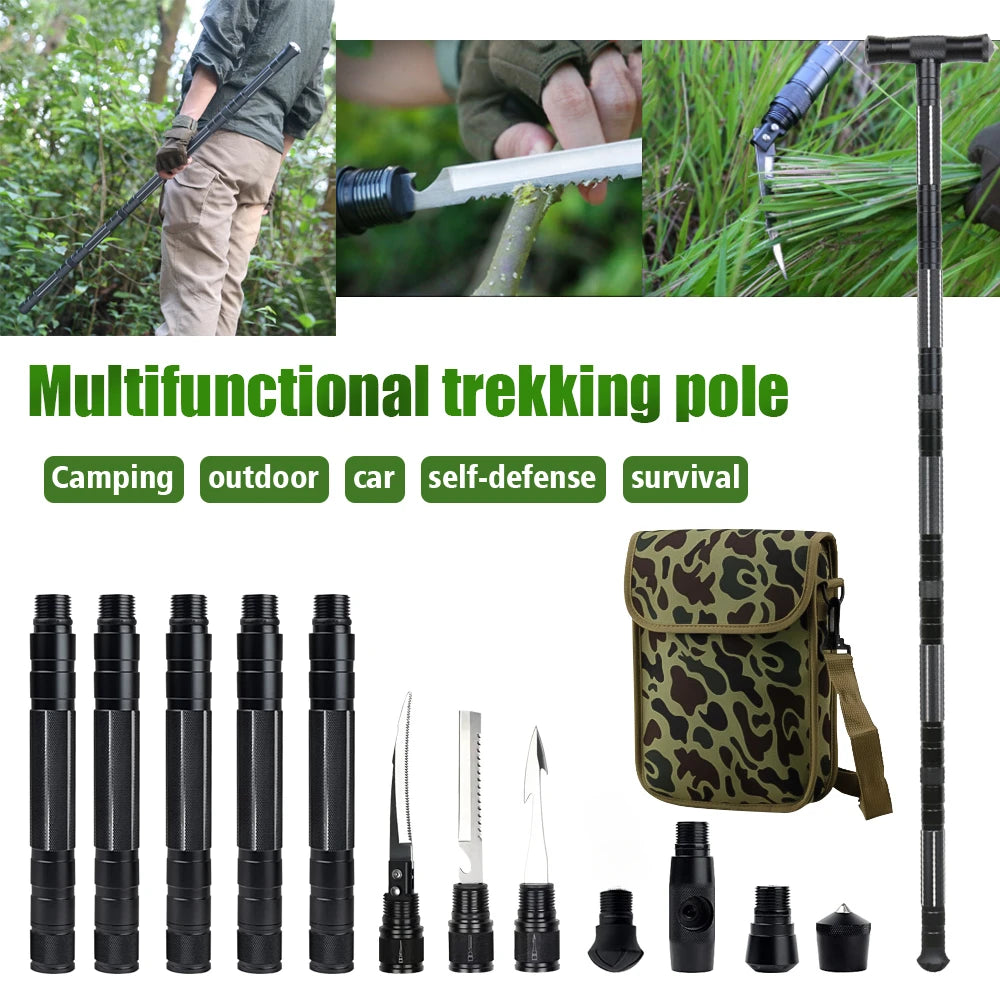 Multi Mountaineering Stick with Camouflage Backpack T-shaped Retractable Folding Stick Climbing Tool