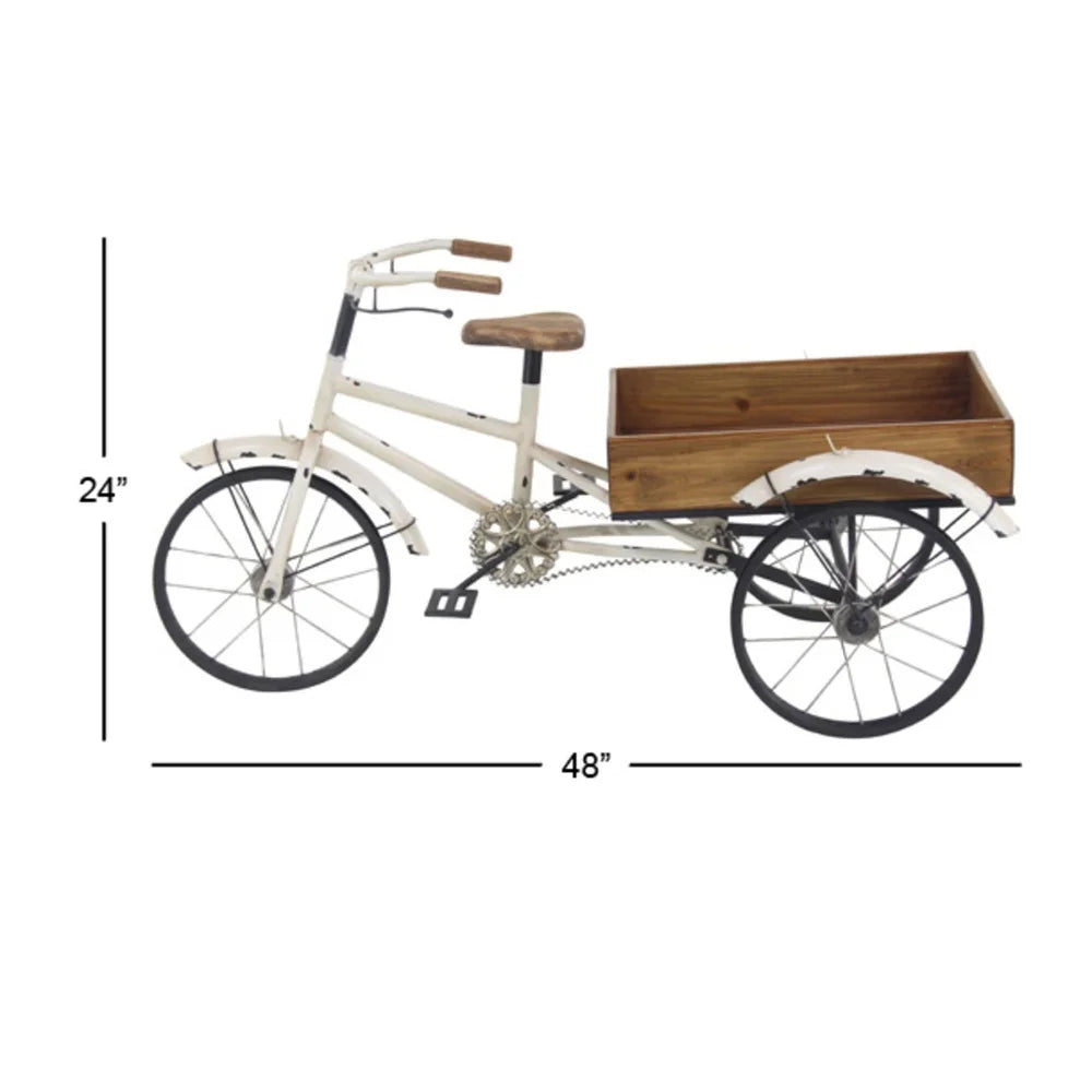 White Metal Indoor Outdoor Bike PlantStand,Brown Wood Accents Cozy Farmhouse Tricycle Planter Unique