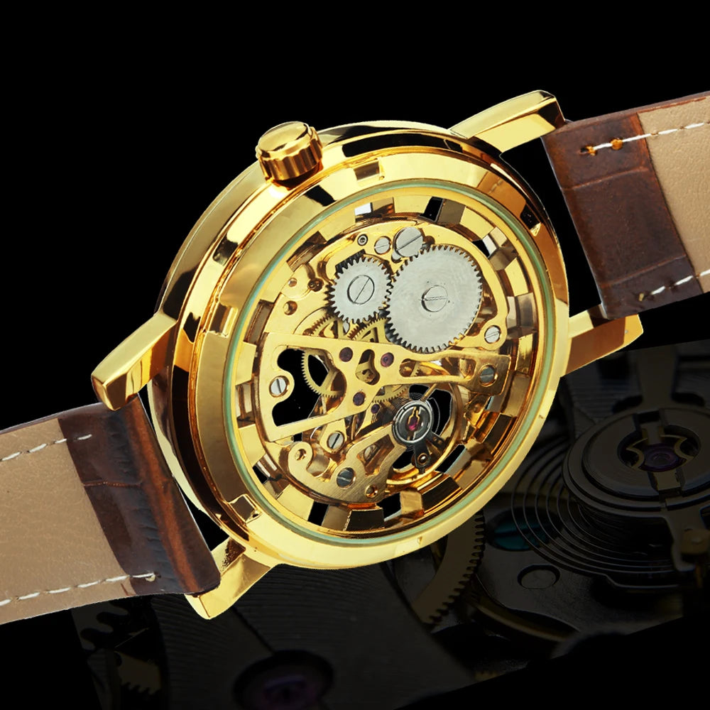 WINNER Classic Skeleton Mechanical Watch Luminous Hands Leather Strap Top Brand Luxury Wristwatch