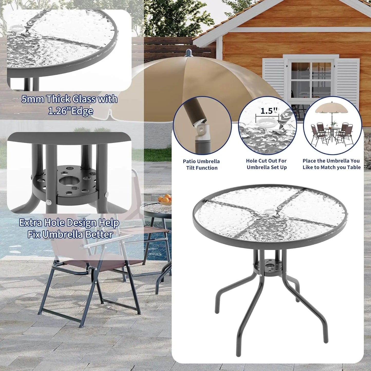 6 Piece Patio Dining for 4, Umbrella, Outdoor Table & 4 Folding Dining Chairs & Round Glass Table