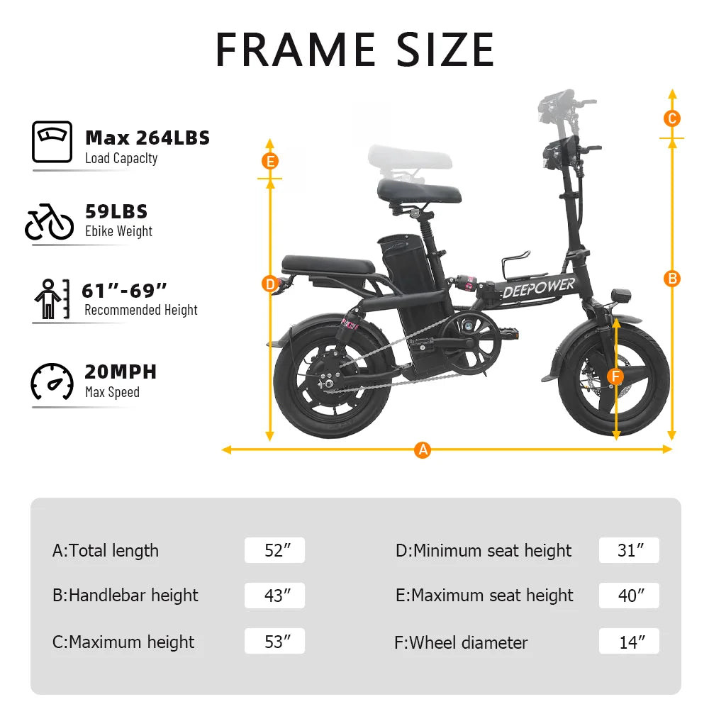 14 Inch Foldable Electric Bicycle 400W Motor 48V 30A0H Adult Mini City Commuting EBike