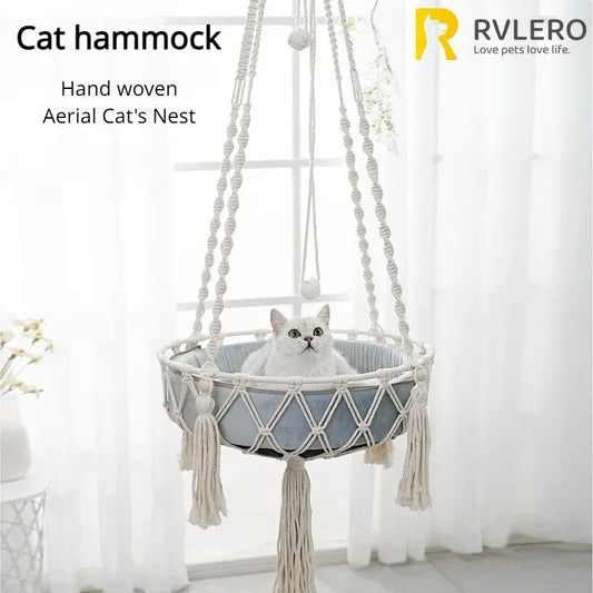 New Pet Hammock Cat Swing Hand Woven Cotton Rope Cats Hanging Basket Indoor Nest