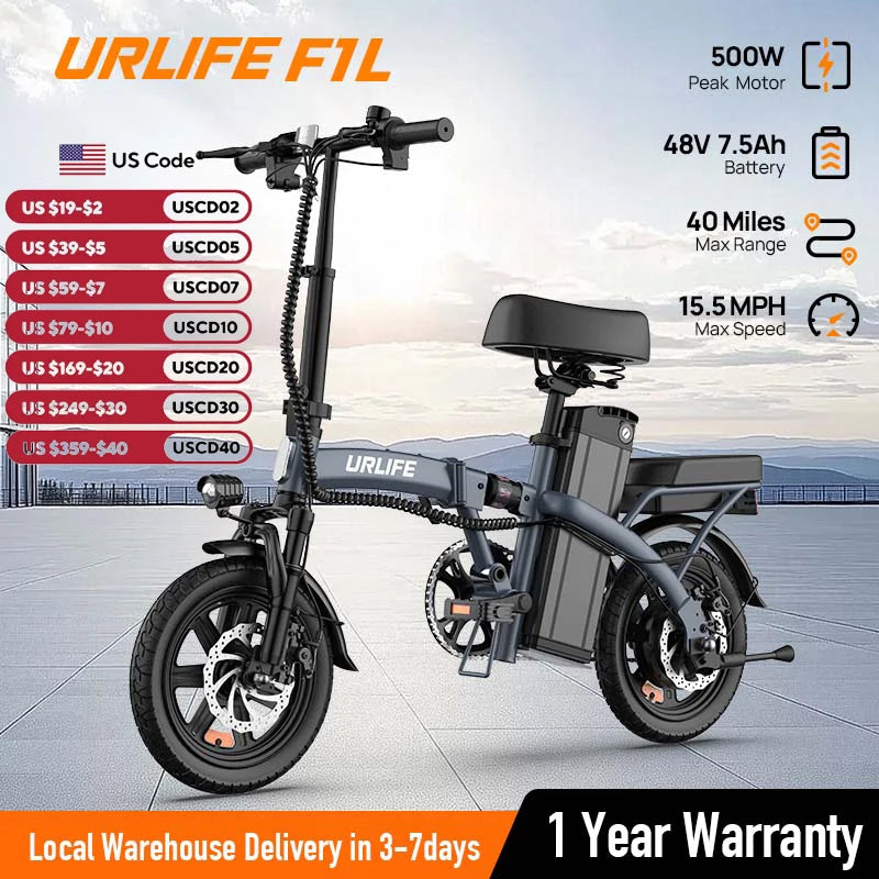 14" Foldable E-bicycle, Adult,Peak 500W Motor,48V 7.5Ah Remove Battery 40 Mi.Range 3 Hours Charge