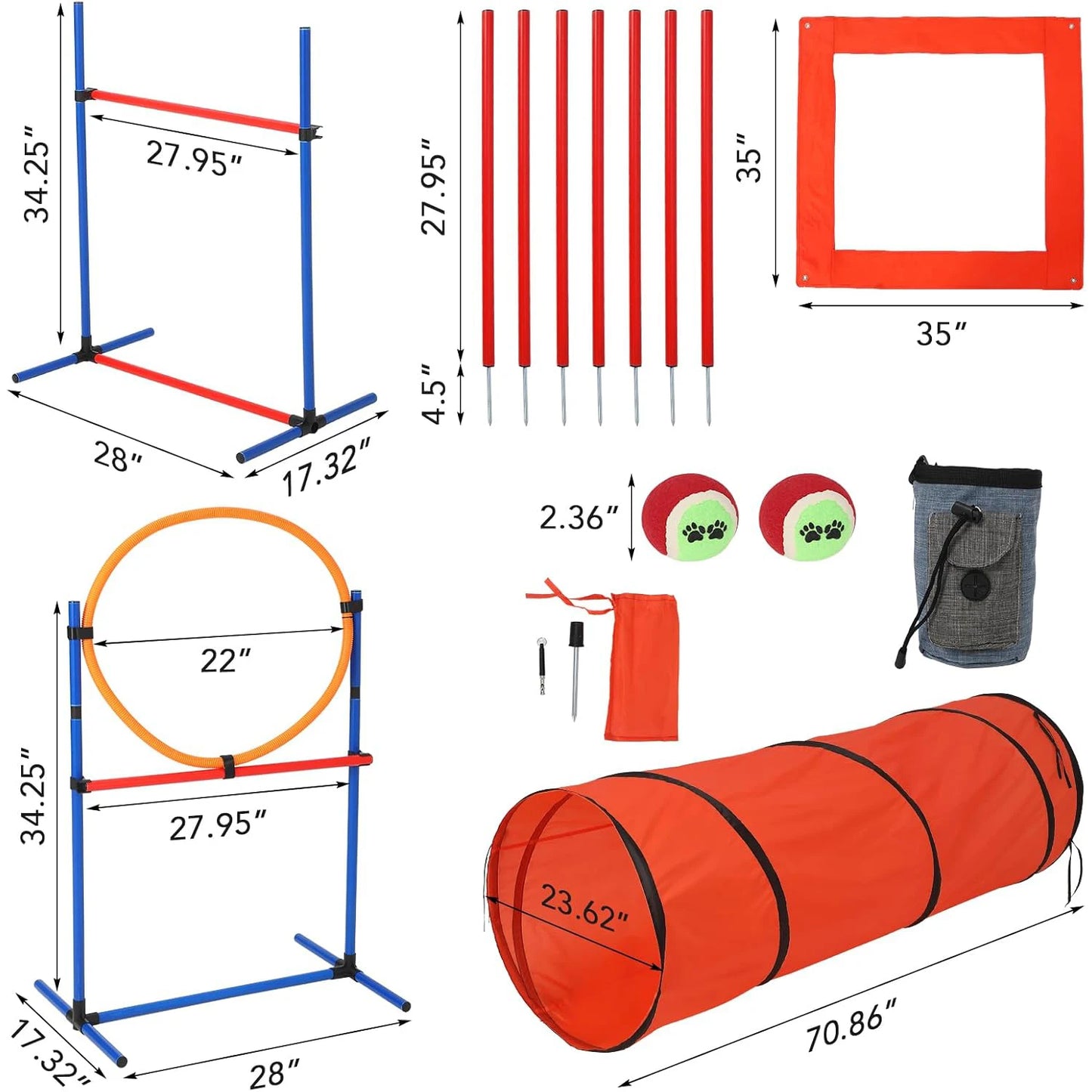 87 Pcs Dog Agile Training Equip, Obstacle Course Kit 70" Tunnel Tire Jump Hurdle Jump Weave Poles