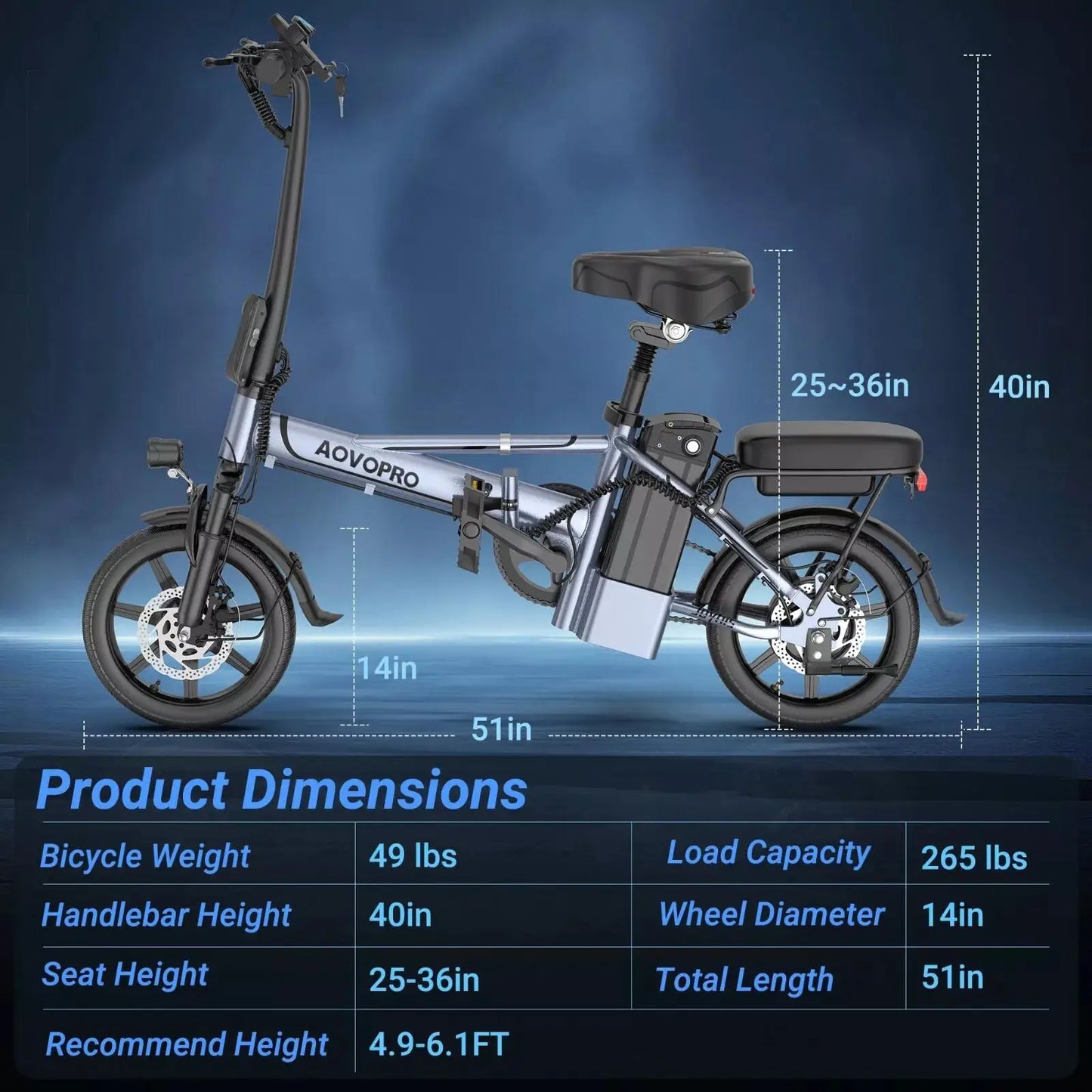 14inch EB60 Foldable Ebike 500W 48V 10.4AH 22MPH 28Miles Long Range, Two Seats for Adult