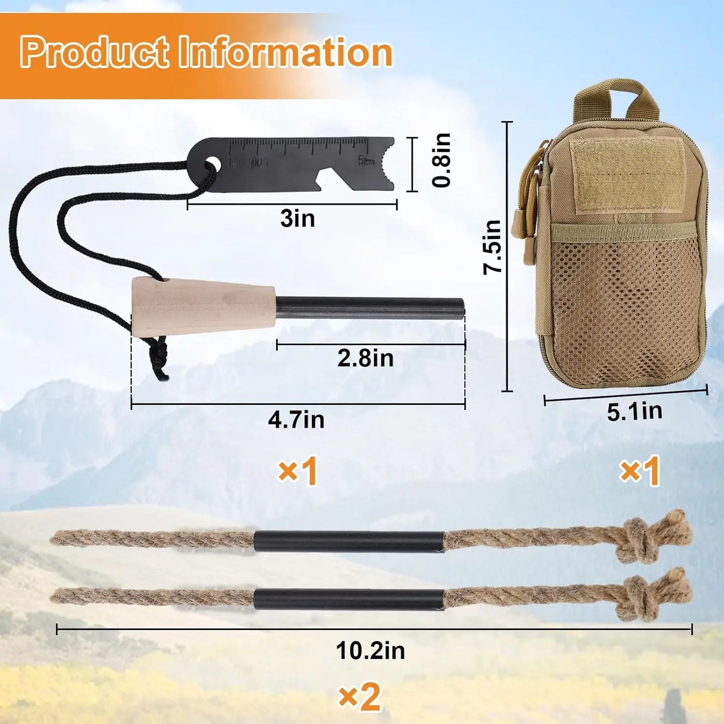 Fire Starter Survival Tool, Fire Starter Kit Includes Magnesium Rod, 2 Pcs Wick Hemp Rope, Bag