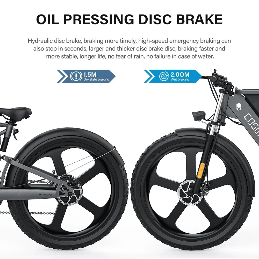 COSWHEEL T26 Electric Bike 26Inch Fat tires Mountain 1000W 48V 25AH hydraulic brake Off Road