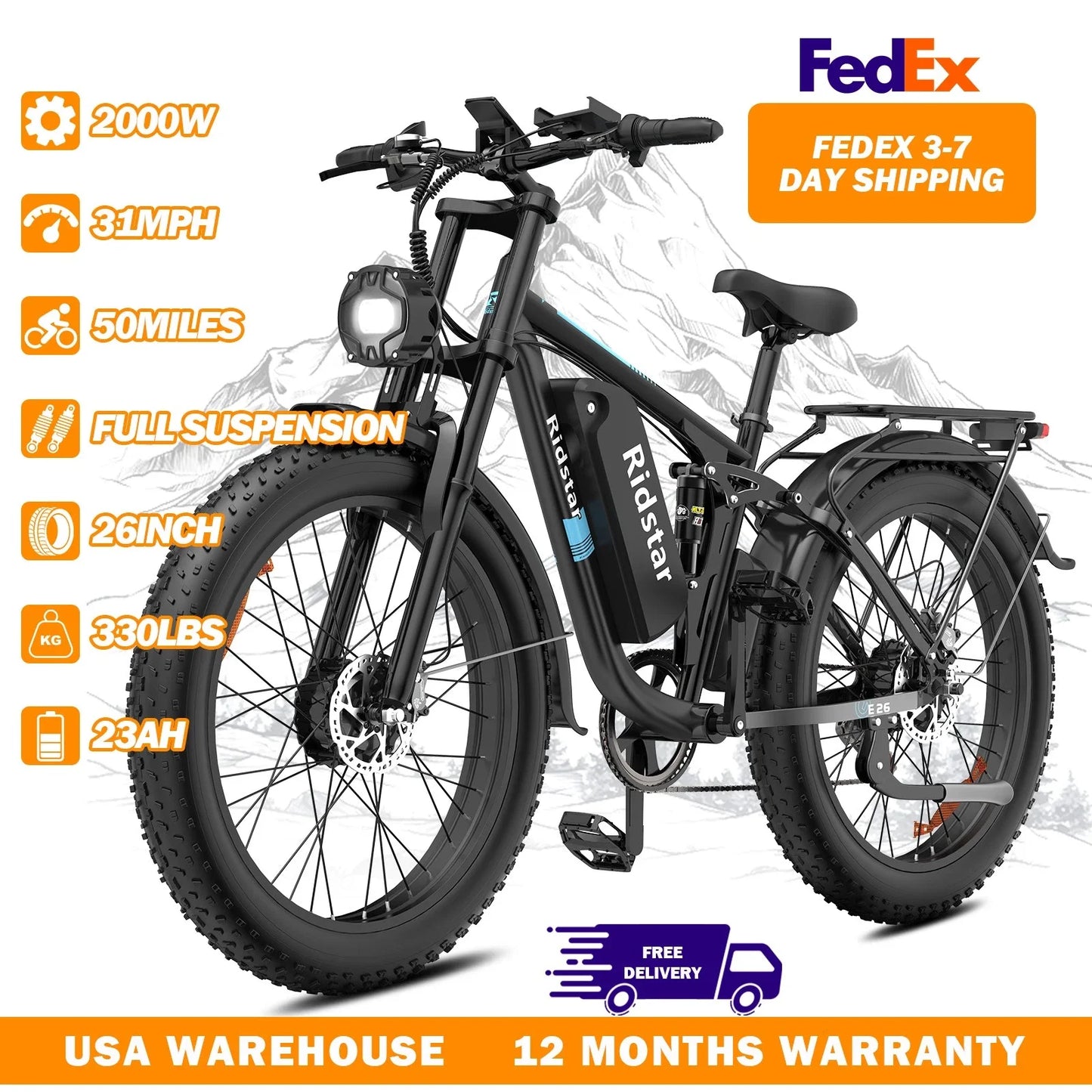 E-Bike 2000W 48V 23AH 26 Inch Fat Tire Dual Motor Hydraulic Brakes Full Suspension MTBike