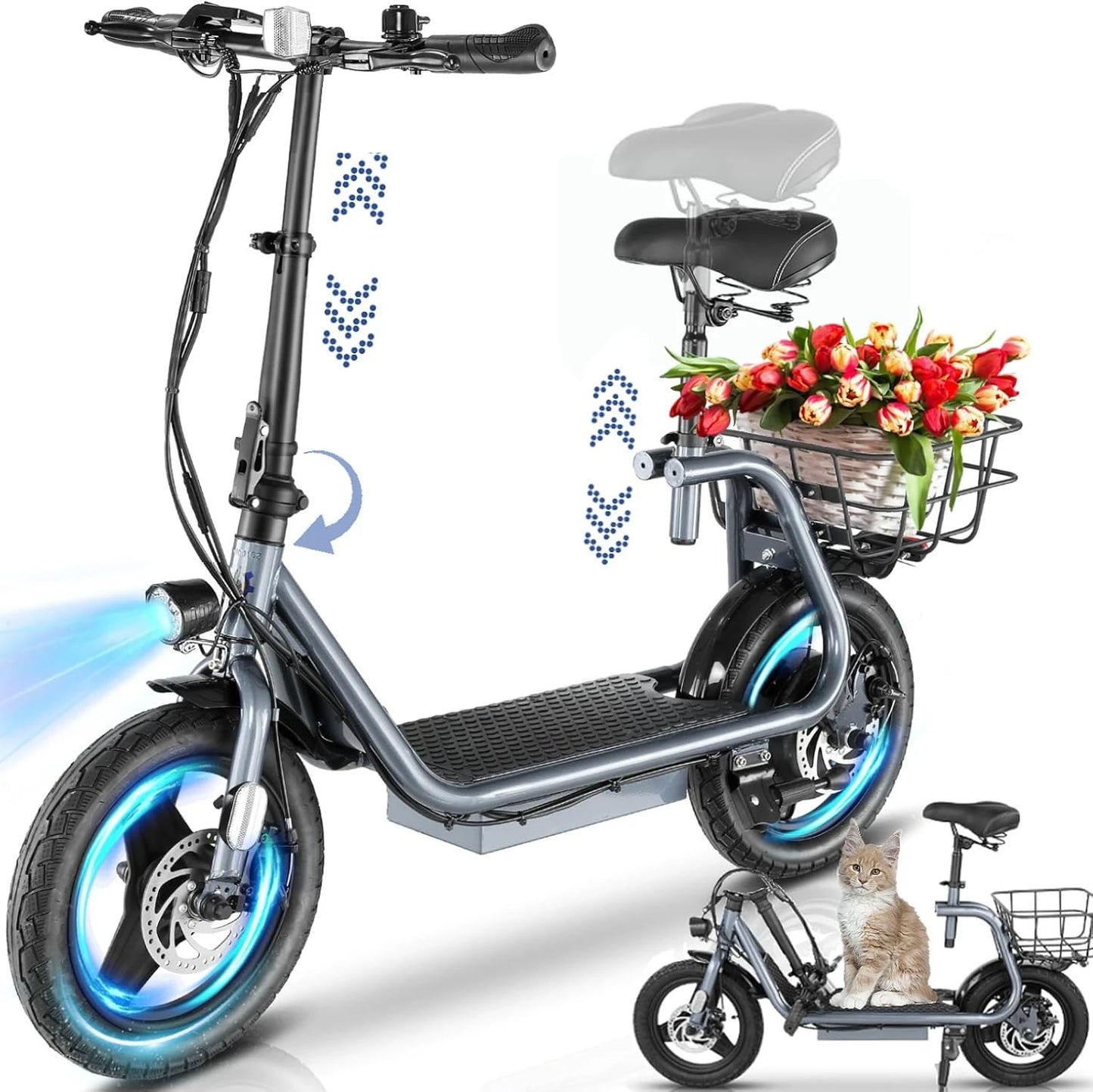 Peak 560W Electric Scooter 14" Tire, 20MPH Top Speed, 15Miles Range, Max Load 300LBS,Fold +Seat