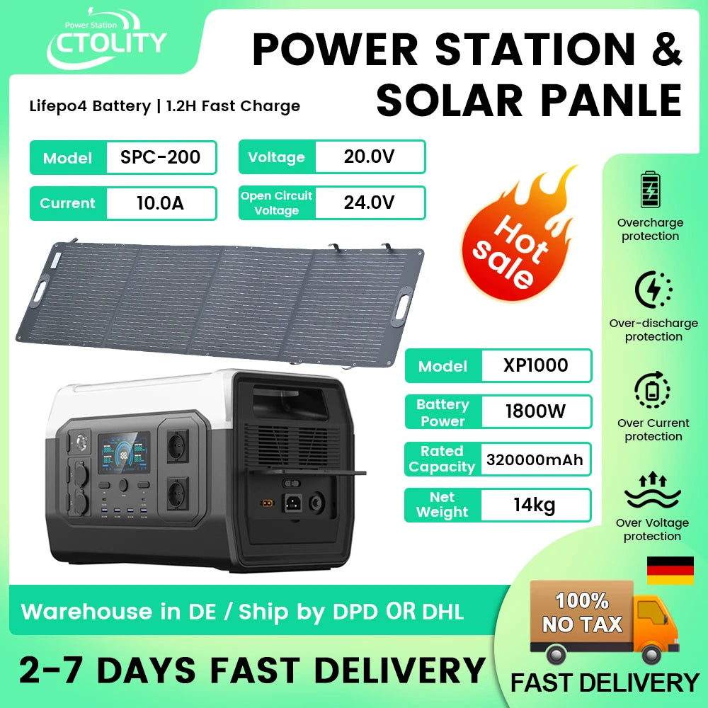 1800W 1000W Portable Generator Power Station Lifepo4 Battery Camping 200W Solar Panel Generator