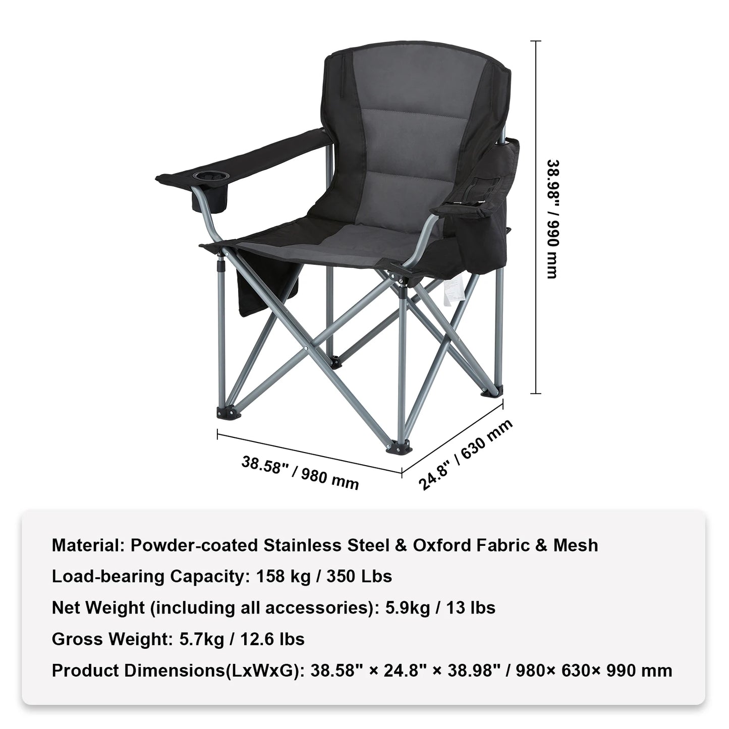 Camping Folding Chair, Adults Portable Quad Lumbar Back Padded Arm, Side Pockets Beach, Lawn, Picnic