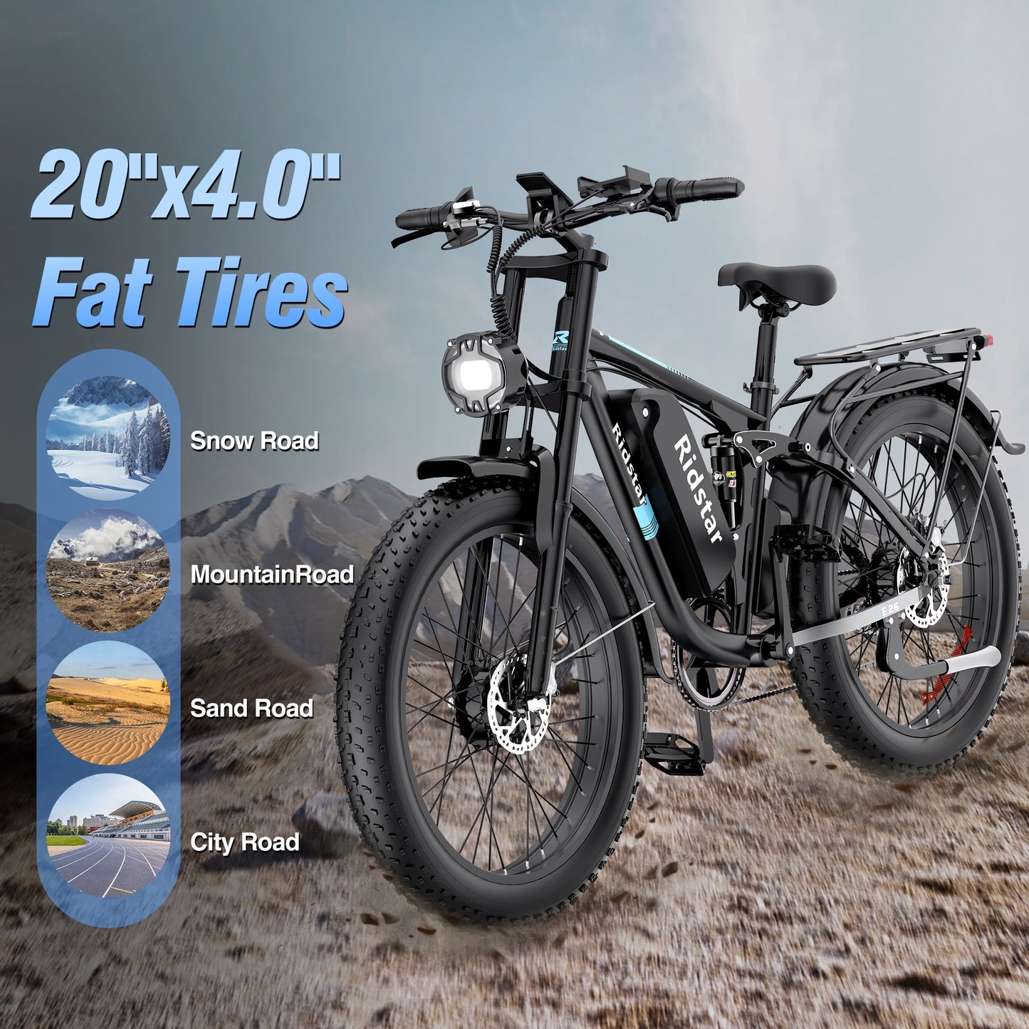 E-Bike 2000W 48V 23AH 26 Inch Fat Tire Dual Motor Hydraulic Brakes Full Suspension MTBike