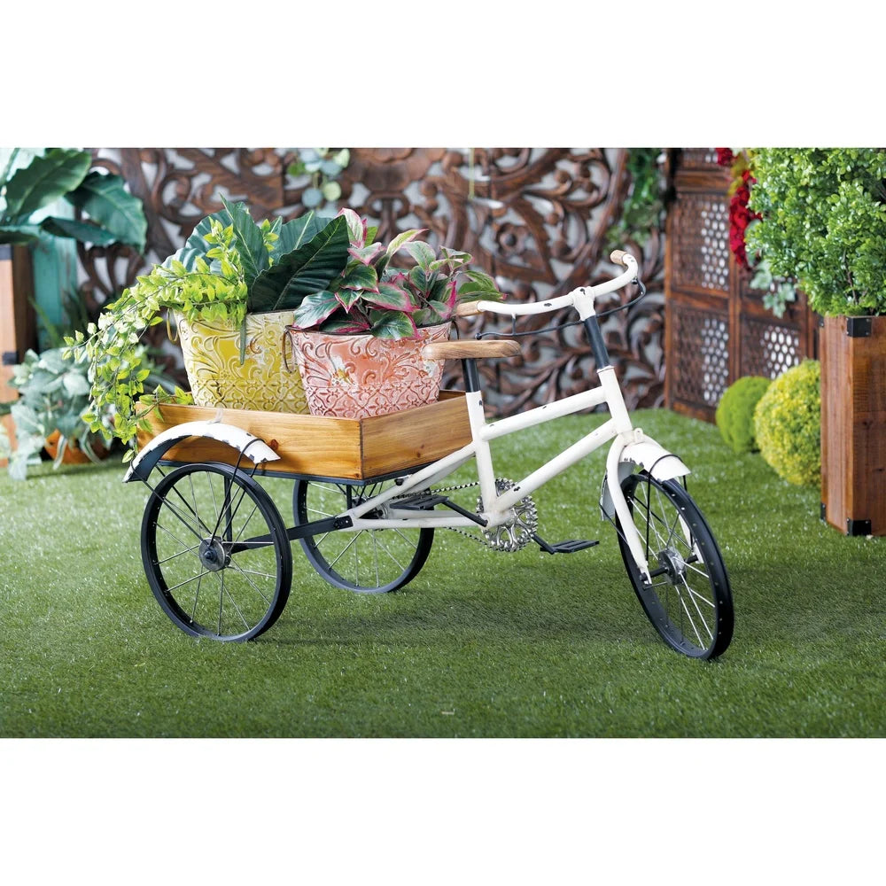 White Metal Indoor Outdoor Bike PlantStand,Brown Wood Accents Cozy Farmhouse Tricycle Planter Unique