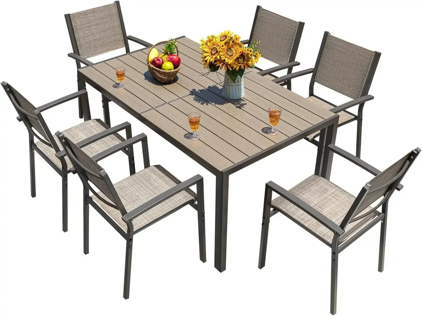 Patio Dining Set 7 Pieces Outdoor Furniture with Large Table and 6 Textilene Chairs
