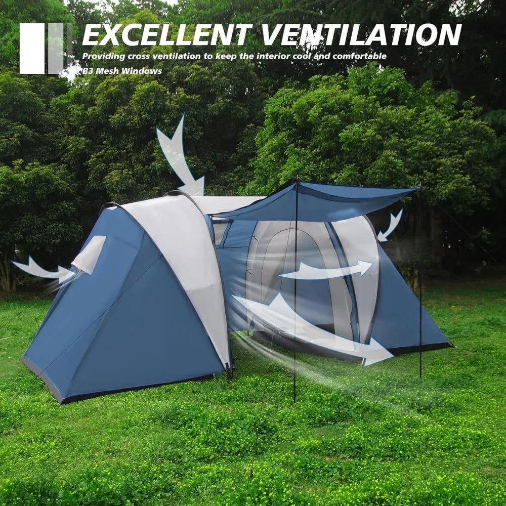 Family-Sized Weatherproof Camping Tent, Porch, Rainfly, 2-Room Easy Setup , Outdoor Living