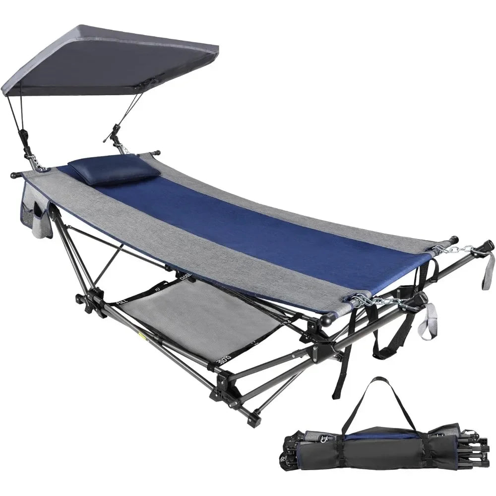 Folding Hammock, Removable Canopy,Pillow, Freestanding, Collapsible Stand for Outdoor Yard Beach