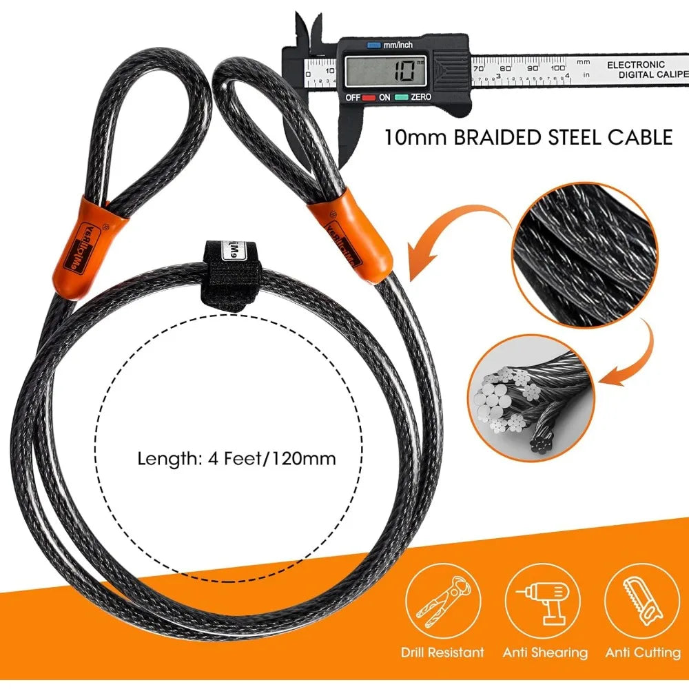 Heavy Duty U Lock, E-Scooter, Bike, Folding Bike -10mm x 4ft Cable Lock,Keyed Lock & Keychain