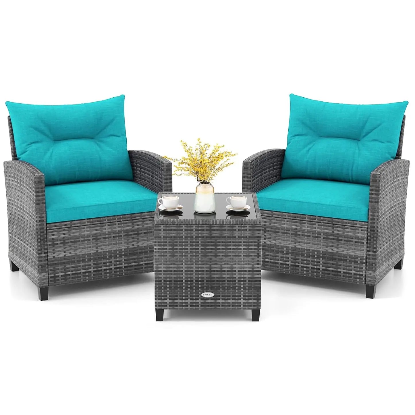 3 Piece Furniture Set, Outdoor Rattan Conversation Set Washable Cushions & Tempered Glass Tabletop