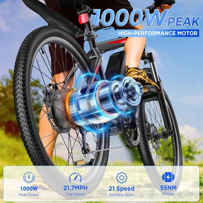 E-Bike for Adults, 26'' 1000W Peak Ebike, 48V 374.4WH Removable Battery, Adjustable Stem, Fenders