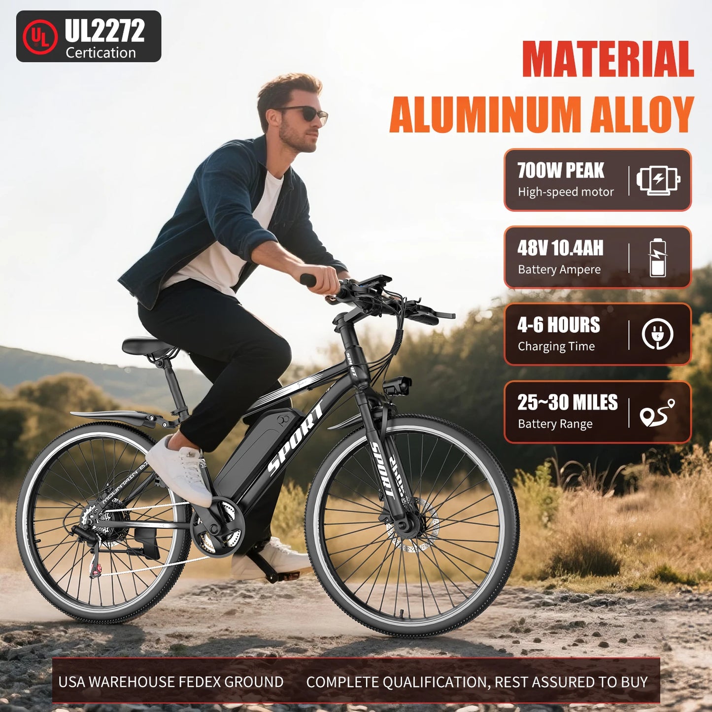 26''Electric Bike, 700W Peak Motor,20MPH 35Mi ,480Wh Removable Battery, 7-Speed& LCD Display