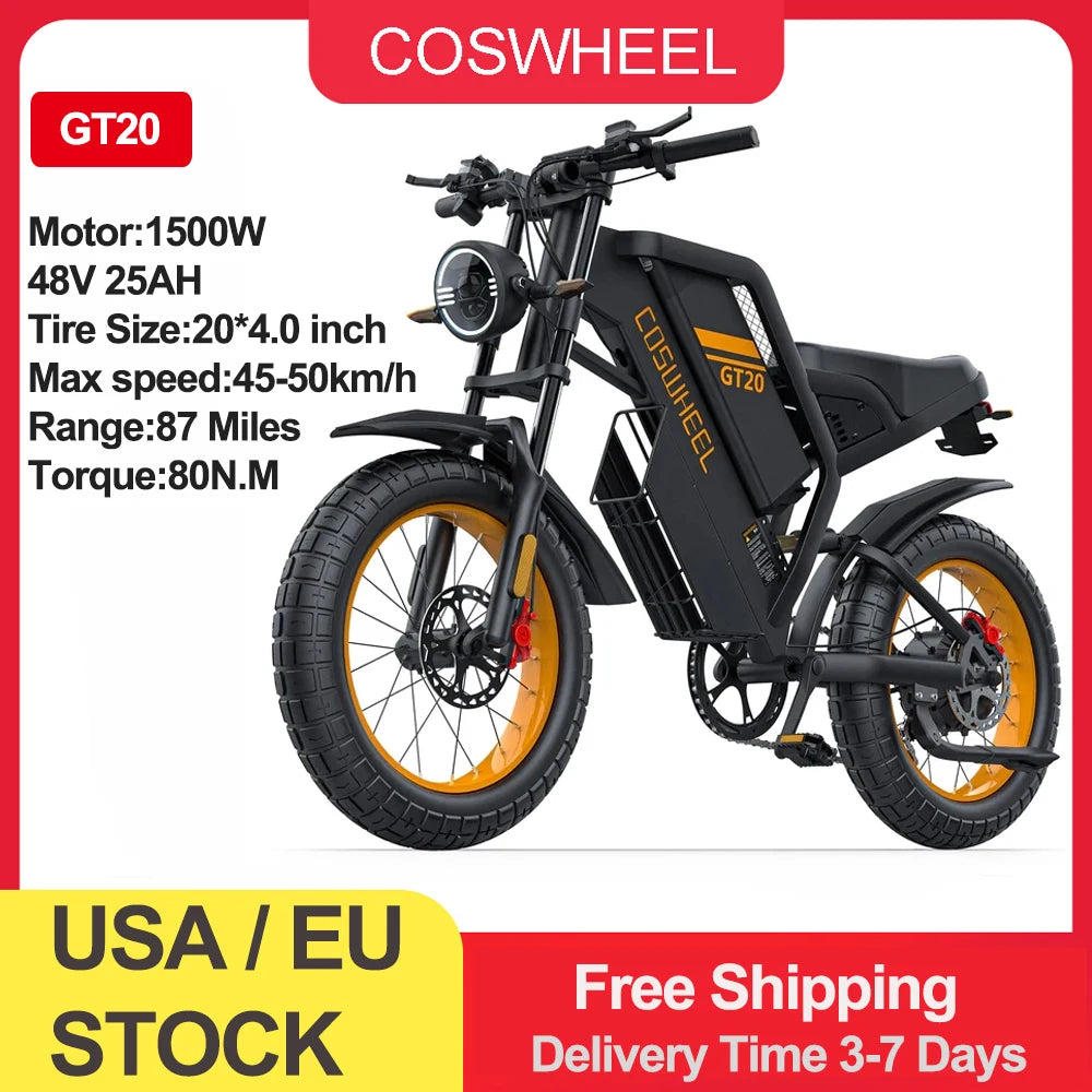 Coswheel Electric bike, Adult 2000W 60V Off-Road Motorcycle Mountain 20Inch Fatbike tires