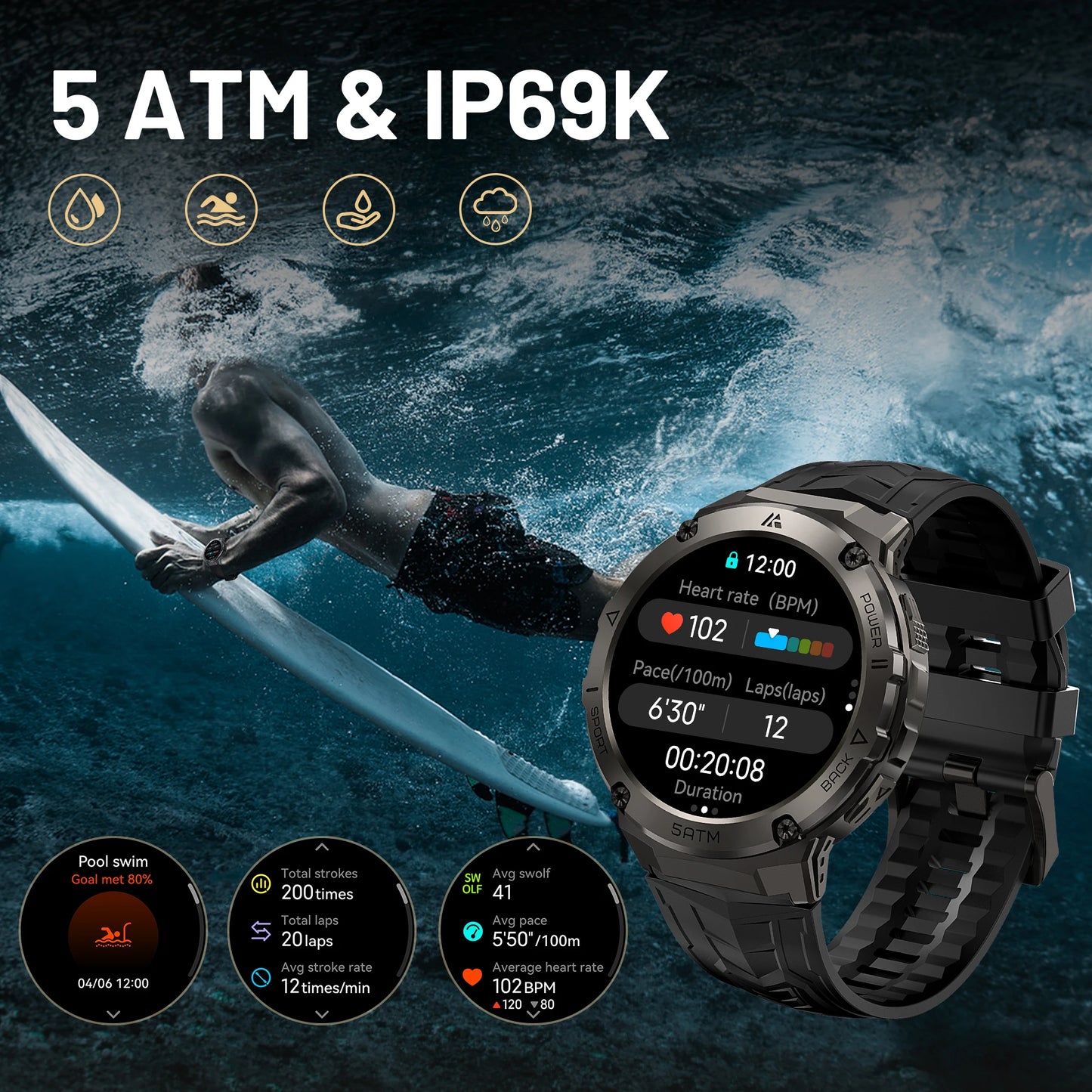 HIDAMEL T3E GPS Smart Watch, Compass Altimeter,Stainless Steel, 5ATM IP69K Waterproof 470mAh AMOLED