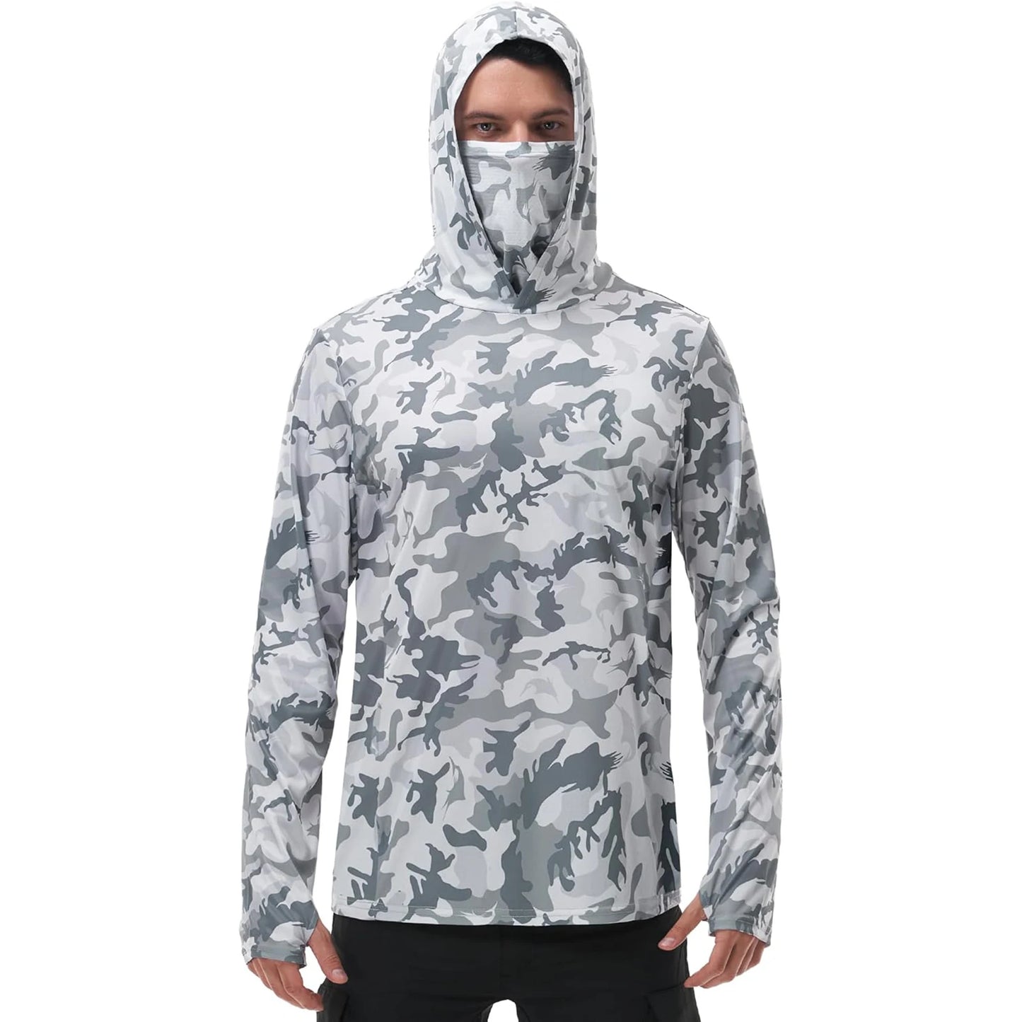 Men s Fishing Shirt Camo Print Hoodie, Built-in Face Mask Sun Protection, Hiking and Running