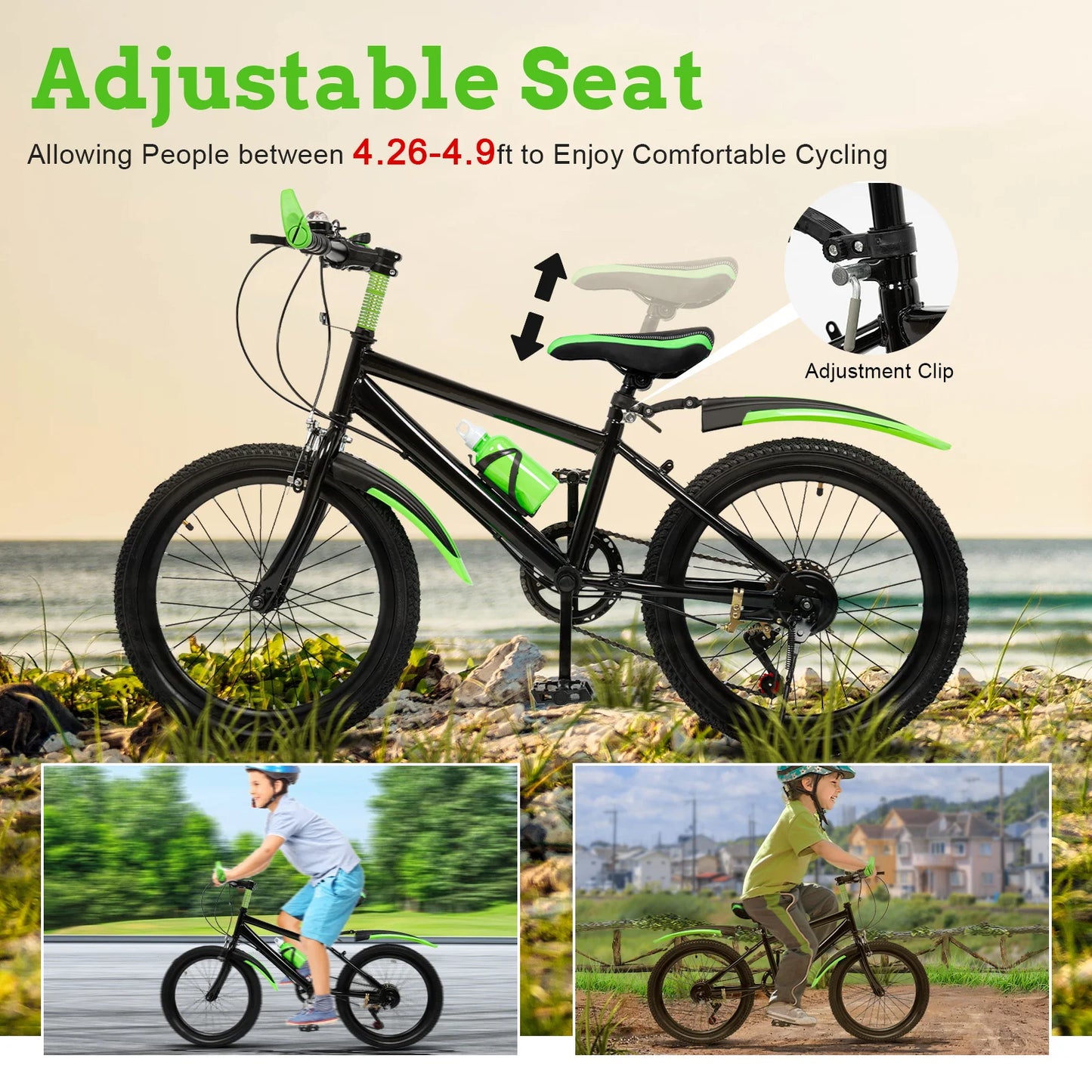 20" Mountain Bike 7 Speeds Kids Bicycle Dual-Disc Brakes Height Adjustable MTB Boys Girls