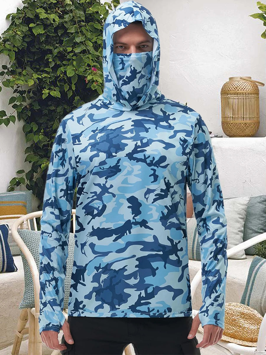 Men s Fishing Shirt Camo Print Hoodie, Built-in Face Mask Sun Protection, Hiking and Running