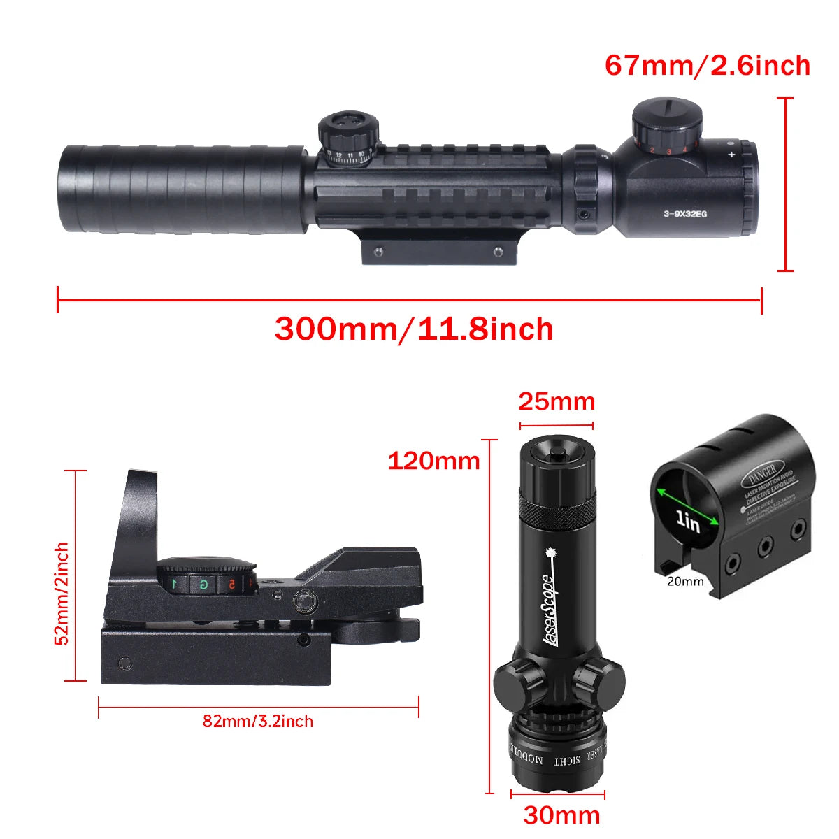3-9X32EG Riflescope Laser Red Dot 3 in 1 Combo Optic Sight Red Green Illuminated Reflex 4 Reticle