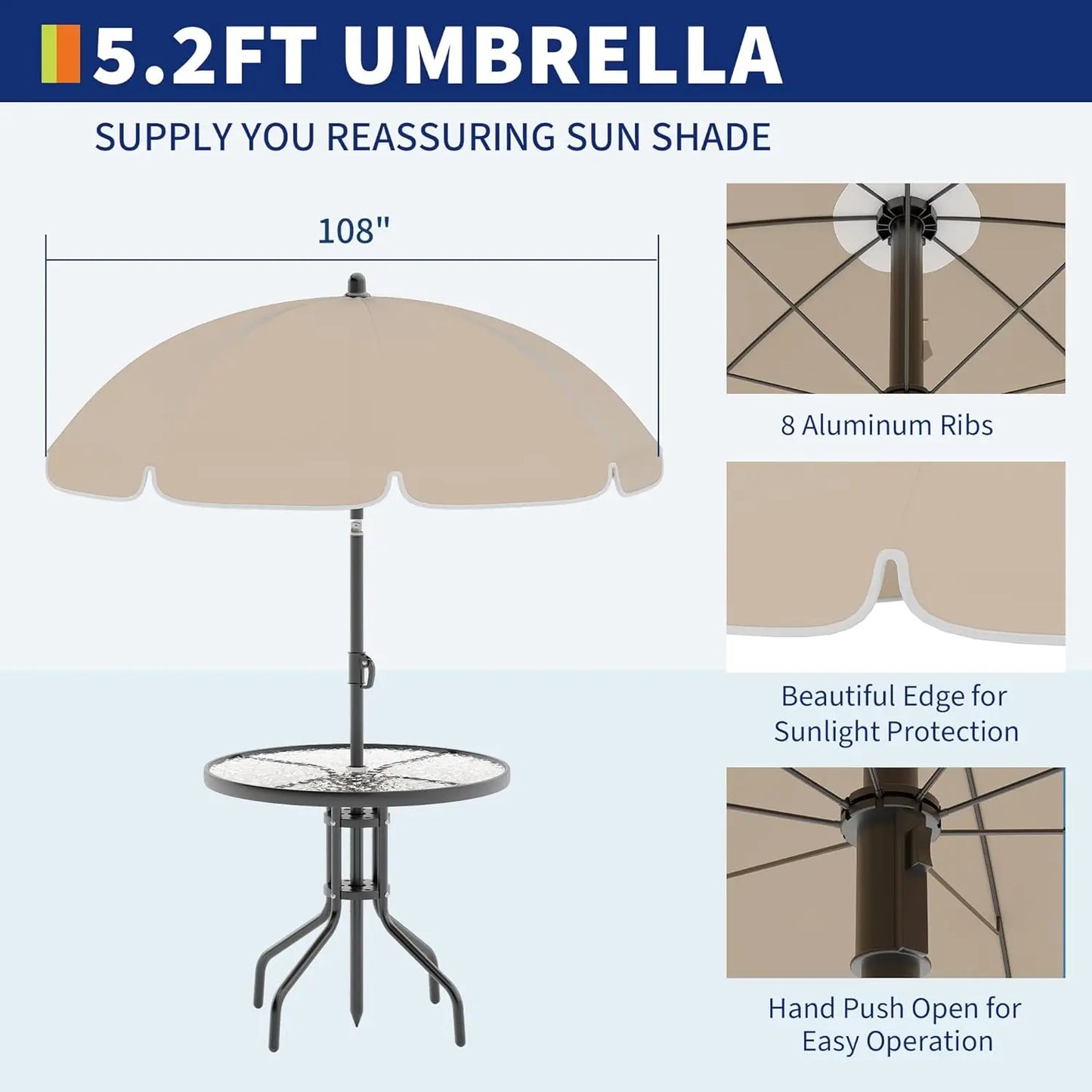 6 Piece Patio Dining for 4, Umbrella, Outdoor Table & 4 Folding Dining Chairs & Round Glass Table