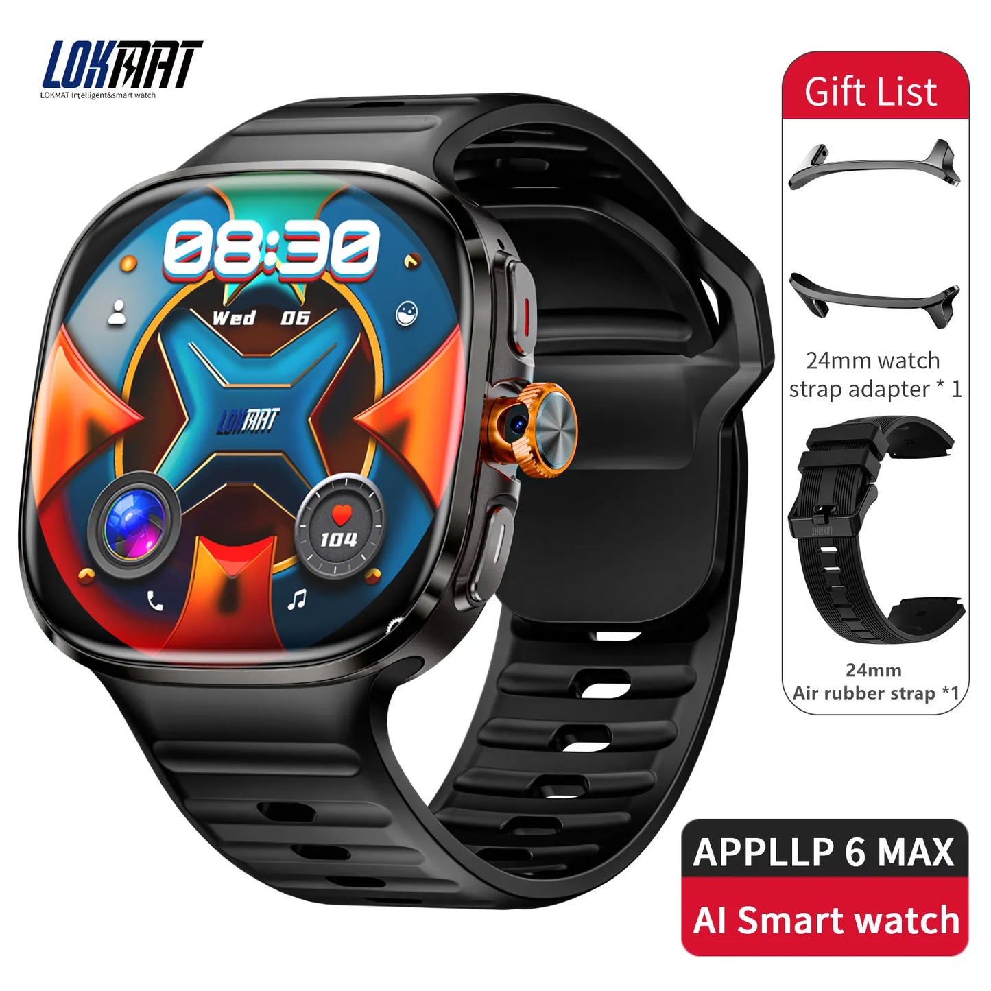 LOKMAT New APPLLP 6 MAX Android Smart Watch Phone Amoled Touch Screen Rotating Camera AI Chatgpt