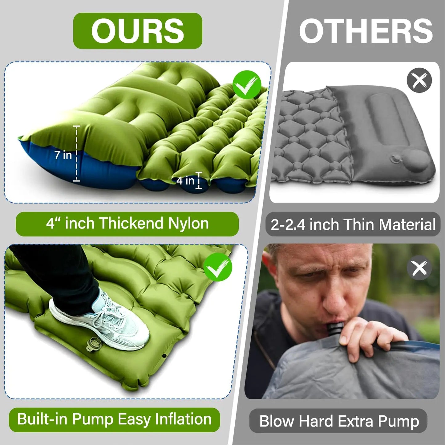 Double Sleeping Pad 4" Thick for 2 Person, Pillow Built-in Foot Pump Inflatable Backpacking Hiking