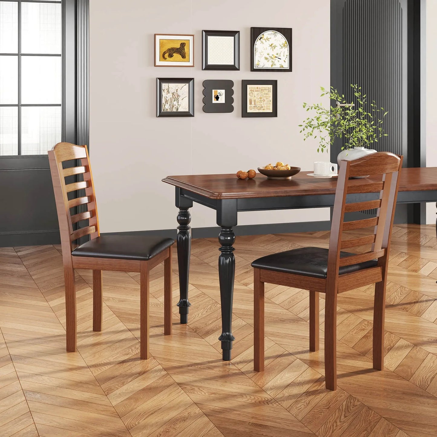 Dining Chair Set of 2 with Faux Leather Upholstered Seat & Rubber Wood Frame (no table)