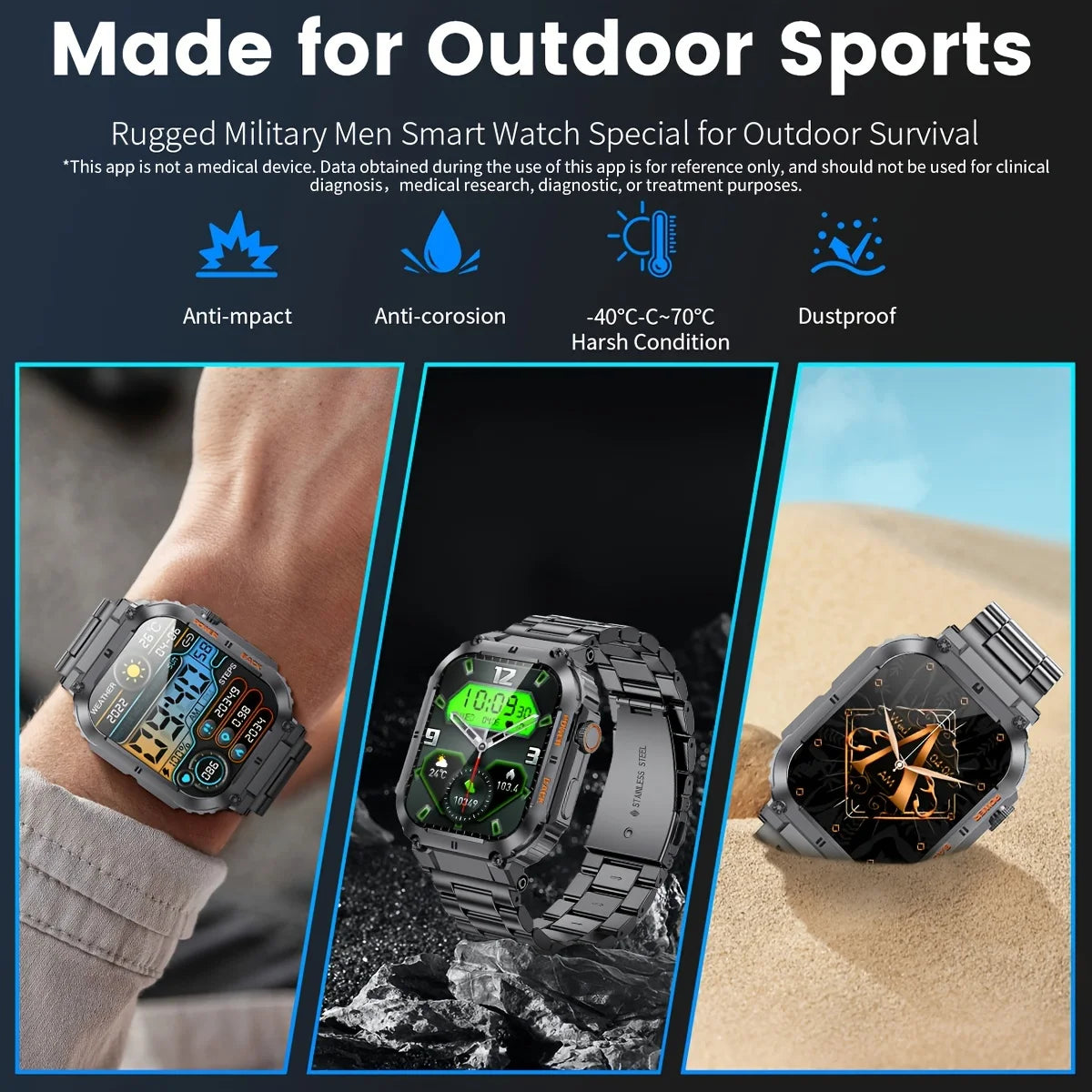Outdoor Sports Fitness Smartwatch Men 1.96 Inch Screen Bluetooth Waterproof Watches Blood Oxygen