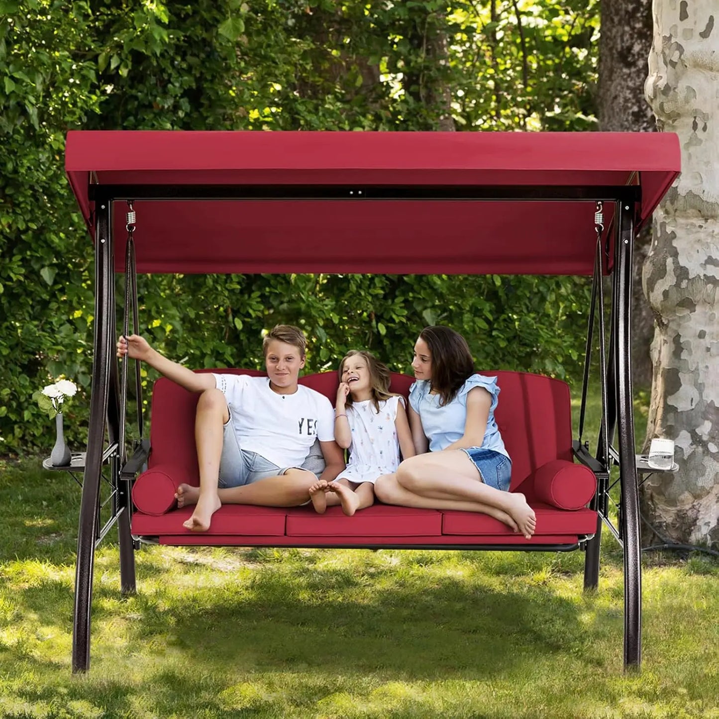3 Person Outdoor Porch Swing,1.5" Upgraded Cup Holder, Adjust Canopy, Backrest, Patio Swing Bed