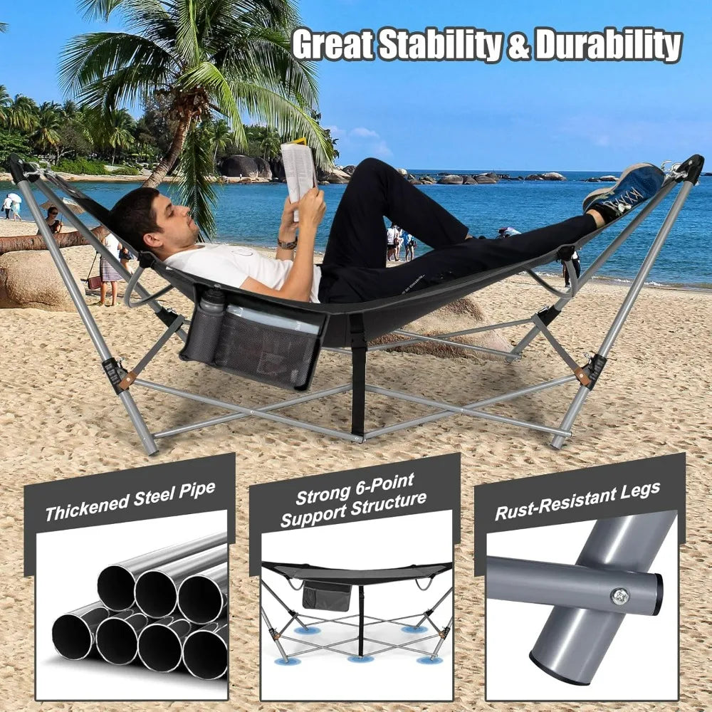 Portable Folding Lounge Camping Hammock w/Stand, Indoor & Outdoor w/Side Pocket, Anti-tip Buckles