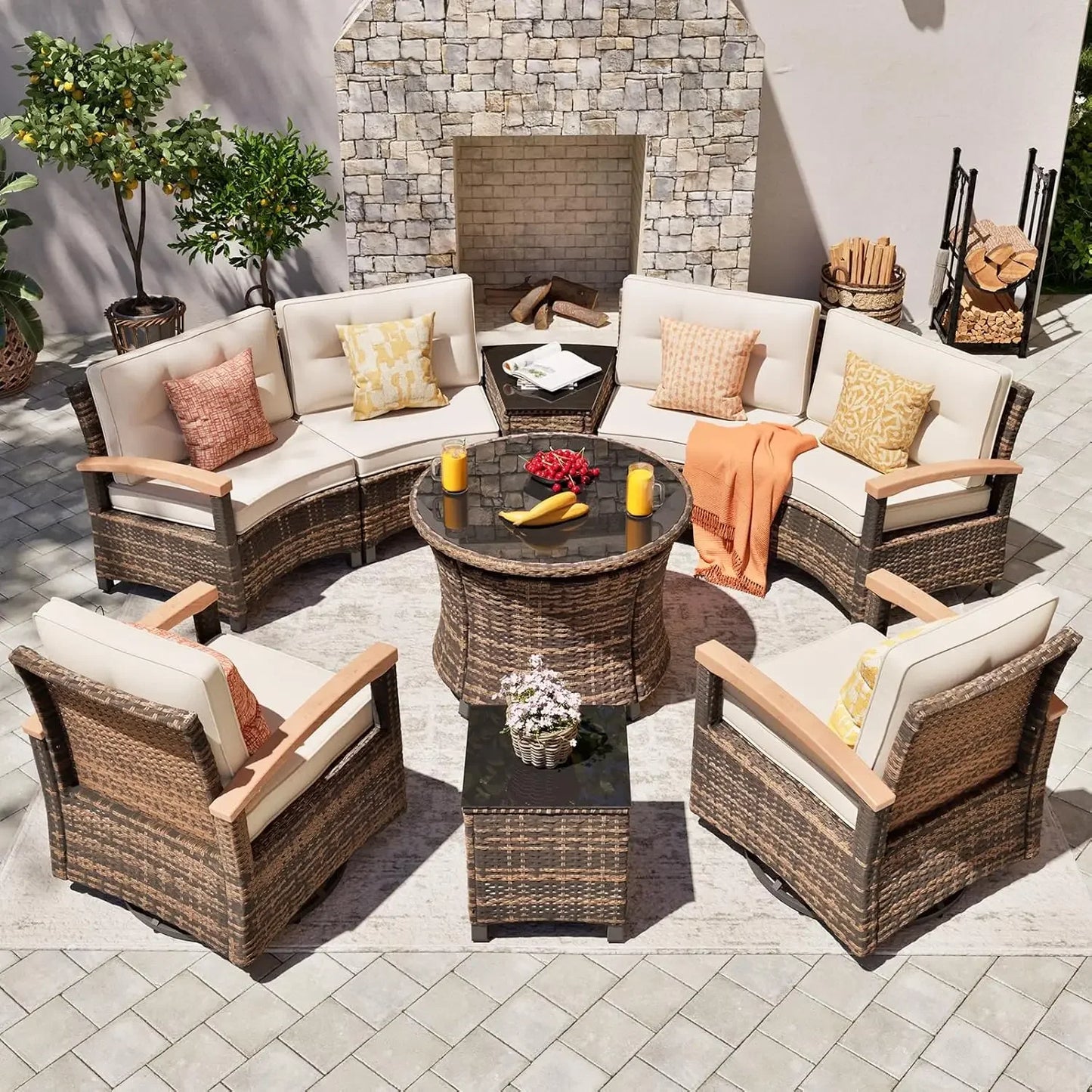 9 Piece Outdoor Patio Furniture Set, Half-Moon Curved Sectional Sofa Rattan Patio Conversation
